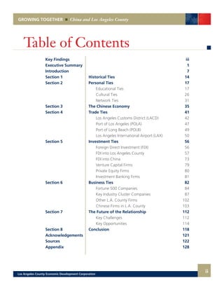 GROWING TOGETHER China and Los Angeles County
Table of Contents
Key Findings				 iii
Executive Summary				 1
Introduction 				 7
Section 1	 Historical Ties	 14
Section 2	 Personal Ties	 17
		 Educational Ties 	 17
		 Cultural Ties	 26
		 Network Ties	 31
Section 3	 The Chinese Economy	 35
Section 4	 Trade Ties	 41
		 Los Angeles Customs District (LACD) 	 42
		 Port of Los Angeles (POLA)	 47
		 Port of Long Beach (POLB)	 49
		 Los Angeles International Airport (LAX)	 50
Section 5	 Investment Ties	 56
		 Foreign Direct Investment (FDI)	 56
		 FDI into Los Angeles County	 57
		 FDI into China	 73
		 Venture Capital Firms	 79
		 Private Equity Firms	 80
		 Investment Banking Firms	 81
Section 6	 Business Ties	 82
		 Fortune 500 Companies	 84
		 Key Industry Cluster Companies	 87
		 Other L.A. County Firms	 102
		 Chinese Firms in L.A. County	 103
Section 7	 The Future of the Relationship	 112
		 Key Challenges	 112
		 Key Opportunities	 114
Section 8	 Conclusion	 118
Acknowledgements				 121
Sources				 122
Appendix				 128
iiLos Angeles County Economic Development Corporation
 