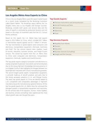 Top Goods Exports
	 	 Precision Instruments and Semiconductors
	 	 Aircraft Products and Parts
	 	 Chemicals
	 	 Machinery
	 	 Food
Top Services Exports
	 	 Royalties from Movies
	 	 Tourism
	 	 Education
	 	 Business Services (Consulting)
	 	 Freight and Port Services
Los Angeles Metro Area Exports to China
China is the Los Angeles Metro area’s #3 export market based
on a recent study completed by the Brookings Institution
called Export Nation. The Brookings report defines the Los
Angeles metro area as Los Angeles and Orange Counties.
Brookings includes both goods and services data and the
value of exports is estimated by production location and not
based on the origin of movement data that the U.S. Census
Bureau produces.
Based on this report, the L.A. Metro Area had exports
equal to $5.4 billion to China, which included $3.7 billion
in merchandise exports (goods) and $1.7 billion in services.
The top merchandise or goods exports were computers and
electronics, transportation equipment, chemicals, machinery
and food. The top services exports were royalties, travel
& tourism, education, business services, and freight & port
services. The overall top exports from the L.A. Metro Area
to China were computers and electronics, transportation
equipment, chemicals, royalties and travel & tourism.
The top goods exports category (computers and electronics) is
mainly comprised of precision instruments and semiconductors
due to the strong high-tech (knowledge-intensive) presence in
Los Angeles County. It also highlights the linkages between our
local high-tech industries with China’s manufacturing prowess.
The second largest goods export, transportation equipment,
is primarily made-up of aircraft products and parts due to
the strong aerospace presence in L.A. and Orange County.
The area’s top goods exports to China are directly related to
L.A.’s competitive and comparative advantages in high-tech
manufacturing as the manufacturing capital of America. Of the
top five goods exports the L.A. Metro Area has witnessed the
strongest growth in transportation equipment and machinery.
On the services side of the equation, tourism, movie royalties,
and business services (consulting) have experienced the most
robust growth rates over the past few years.
SECTION 4 Trade Ties
55Los Angeles County Economic Development Corporation
 