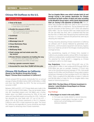 SECTION 5 Investment Ties
Chinese FDI Outflows to the U.S.
2013 in Review
	 	Total of 82 deals
			 	 44 acquisitions and 38 greenfield investments
			 	 Total value of $14 billion
	 	Double the amount of 2012
			 	 Top 6 investments (accounted for more
				 than 80% of total value)
	 	Smithfield
	 	Nexen US
	 	Mississippi Lime JV
	 	Chase Manhattan Plaza
	 	GM Building
	 	Wolfcamp Shale
	 	Food, energy and real estate were the
		 key sectors
	 	Private Chinese companies are leading the way
			 	 Private firms were responsible for 87%
				 of investments and 76% of total value
	 	Having a greater economic impact
	 	Accounted for more than 70,000 full-time jobs
Chinese FDI Outflows to California
(based on the Rhodium Group/Asia Society
Report “Chinese Direct Investment in California”)
China’s outward FDI has grown dramatically from an annual
average of below $3 billion before 2005 to $20 billion in 2006
and more than $60 billion by 2010. The key turning point
occurred in 2007.
Between 2003 and 2011, 417 Chinese deals were made in the
U.S. worth a total of $16.6 billion. They can be broken down
into 261 Greenfield projects and 156 M&A’s and a further
broken down into M&A’s accounting for 78% of the total
value and Greenfield projects accounting for 22%. California
has attracted the most deals with 121 out of the 417 --
about 33% of all Chinese investments in the U.S. However,
California ranks fifth in total investment by value. The future
for California and especially LA County should be very bright
with respect to attracting more Chinese investment.
The Los Angeles Metro area which includes both LA and
Orange County is the premier destination for Chinese
investment by both number of deals and value according
to the Rhodium Group report, which clearly demonstrates
that L.A. County is the epicenter of Chinese FDI. The L.A.
Metro Area recorded 69 deals from 2003 to 2011 accounting
for over $600 million in investments. The key development here
was the acquisition of Riot Games in 2011 which was valued at
$250 million. The San Francisco MSA was ranked second and
the San Jose MSA was third, with a combined total that was
less than the L.A. Metro Area. Recognizing that investment does
not occur in a vacuum historical and personal ties were key to
attracting this investment.
The key industries attracting Chinese investment in California
are software and IT services followed by green/clean tech,
electronics, communications equipment and services, logistics
due to our trade ties and all of the linkages including banking
and legal services.
The overwhelming majority of Chinese firms invested in
California are privately owned as almost 90% of total deals in
California involve private or publicly listed Chinese enterprises.
The potential for future growth is staggering as Chinese
investment is still in its infant stages.
Key Projections: China’s current FDI-to-GDP ratio of 5%
would yield $1 trillion in new outbound FDI through 2020 (or
$100 billion per year on average). However, if China’s ratio
rises to the transitional economy average of 15%, that would
equate into $3 trillion and the Rhodium Group report projects
something in between so that translates into $1 to 2 trillion by
2020. There is roughly $10 to $60 billion at stake in California
and $6-$36 billion at stake for the Los Angeles Metro Area
based on historical proportions.
HIGH TECH: The Next Wave of Chinese Investment in
America | Latest Rhodium Group Report on Chinese
Investment in the U.S.
Key Findings:
	 China began to invest in the early 2000’s
		 	 first wave was mostly related to natural resources
		 	 however, in recent years it has been in other
			 sectors such as technology and innovative
			 intensive industries
59Los Angeles County Economic Development Corporation
 