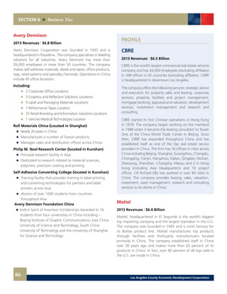 PROFILE
SECTION 6 Business Ties
Avery Dennison
2013 Revenues | $6.8 Billion
Avery Dennison Corporation was founded in 1935 and is
headquartered in Pasadena. The company specializes in labeling
solutions for all industries. Avery Dennison has more than
26,000 employees in more than 50 countries. The company
makes self-adhesive materials, labels and tapes, office products,
tags, retail systems and specialty chemicals. Operations in China
include 45 office locations.
Including:
	 	 2 Corporate Office Locations
	 	 3 Graphics and Reflection Solutions Locations
	 	 5 Label and Packaging Materials Locations
	 	 1 Performance Tapes Location
	 	 33 Retail Branding and Information Solutions Locations
	 	 1 Vancive Medical Technologies Location
Roll Materials China (Located in Shanghai)
	 	 Nearly 20 years in China 	
	 	 Manufactures a number of Fasson products 	
	 	 Manages sales and distribution offices across China
Philip M. Neal Research Center (located in Kunshan)
	 	 Principal research facility in Asia 	
	 	 Dedicated to research related to material sciences,
		 polymers, precision coating and printing
Self-Adhesive Converting College (located in Kunshan)
	 	 Training facility that provides training in label printing
		 and converting technologies for partners and label
		 printers across Asia
	 	 Alumni of over 1000 students from countries
		 throughout Asia
Avery Dennison Foundation China
	 	 InvEnt Spirit of Invention Scholarships Awarded to 16
		 students from four universities in China including –
		 Beijing Institute of Graphic Communications, East China
		 University of Science and Technology, South China
		 University of Technology and the University of Shanghai
		 for Science and Technology
CBRE
2013 Revenues | $6.5 Billion
CBRE is the world’s largest commercial real estate services
company and has 44,000 employees (excluding affiliates)
in 349 offices in 42 countries (excluding affiliates). CBRE
is headquartered in downtown Los Angeles.
The company offers the following services: strategic advice
and execution for property sales and leasing; corporate
services; property, facilities and project management;
mortgage banking; appraisal and valuation; development
services; investment management and research and
consulting.
CBRE started its first Chinese operations in Hong Kong
in 1978. The company began working on the mainland
in 1988 when it became the leasing consultant to Tower
One of the China World Trade Center in Beijing. Since
then, CBRE has expanded throughout China and has
established itself as one of the top real estate service
providers in China. The firm has 16 offices in cities across
China including Beijing, Shanghai, Guangzhou, Chengdu,
Chongqing, Tianjin, Hangzhou, Dalian, Qingdao, Wuhan,
Shenyang, Shenzhen, Changsha, Macau and 2 in Hong
Kong (including Asia Headquarters) and 10 project
offices. CB Richard Ellis has worked in over 80 cities in
China. The company provides leasing, sales, valuation,
investment, asset management, research and consulting
services to its clients in China.
Mattel
2013 Revenues | $6.4 Billion
Mattel, headquartered in El Segundo is the world’s biggest
toy importing company and the largest toymaker in the U.S.
The company was founded in 1945 and is most famous for
its Barbie product line. Mattel manufactures toy products
through facilities and third-party manufacturers located
primarily in China. The company established itself in China
over 30 years ago and makes more than 65 percent of its
products in China. In fact, over 80 percent of all toys sold in
the U.S. are made in China.
86 Los Angeles County Economic Development Corporation
 