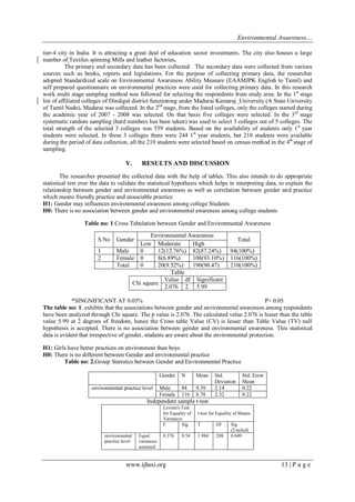 Environmental Awareness…
www.ijhssi.org 13 | P a g e
tier-4 city in India. It is attracting a great deal of education sector investments. The city also houses a large
number of Textiles spinning Mills and leather factories.
The primary and secondary data has been collected. The secondary data were collected from various
sources such as books, reports and legislations. For the purpose of collecting primary data, the researcher
adopted Standardized scale on Environmental Awareness Ability Measure (EAAMJPK English to Tamil) and
self prepared questionnaire on environmental practices were used for collecting primary data. In this research
work multi stage sampling method was followed for selecting the respondents from study area. In the 1st
stage
list of affiliated colleges of Dindigul district functioning under Madurai Kamaraj University (A State University
of Tamil Nadu), Madurai was collected. In the 2nd
stage, from the listed colleges, only the colleges started during
the academic year of 2007 - 2008 was selected. On that basis five colleges were selected. In the 3rd
stage
systematic random sampling (hard numbers has been taken) was used to select 3 colleges out of 5 colleges. The
total strength of the selected 3 colleges was 559 students. Based on the availability of students only 1st
year
students were selected. In these 3 colleges there were 244 1st
year students, but 210 students were available
during the period of data collection, all the 210 students were selected based on census method in the 4th
stage of
sampling.
V. RESULTS AND DISCUSSION
The researcher presented the collected data with the help of tables. This also intends to do appropriate
statistical test over the data to validate the statistical hypothesis which helps in interpreting data, to explain the
relationship between gender and environmental awareness as well as correlation between gender and practice
which means friendly practice and unsociable practice.
H1: Gender may influences environmental awareness among college Students
H0: There is no association between gender and environmental awareness among college students
Table no: 1 Cross Tabulation between Gender and Environmental Awareness
S.No Gender
Environmental Awareness
Total
Low Moderate High
1 Male 0 12(12.76%) 82(87.24%) 94(100%)
2 Female 0 8(6.89%) 108(93.10%) 116(100%)
Total 0 20(9.52%) 190(90.47) 210(100%)
Table
Chi square
Value df Significant
2.076 2 5.99
*SINGNIFICANT AT 0.05% P> 0.05
The table no: 1. exhibits that the associations between gender and environmental awareness among respondents
have been analyzed through Chi square. The p value is 2.076. The calculated value 2.076 is lesser than the table
value 5.99 at 2 degrees of freedom, hence the Cross table Value (CV) is lesser than Table Value (TV) null
hypothesis is accepted. There is no association between gender and environmental awareness. This statistical
data is evident that irrespective of gender, students are aware about the environmental protection.
H1: Girls have better practices on environment than boys
H0: There is no different between Gender and environmental practice
Table no: 2.Group Statistics between Gender and Environmental Practice
Gender N Mean Std.
Deviation
Std. Error
Mean
environmental practice level Male 94 9.39 2.14 0.22
Female 116 8.78 2.32 0.22
Independent sample t-test
Levene's Test
for Equality of
Variances
t-test for Equality of Means
F Sig. T Df Sig.
(2-tailed)
environmental
practice level
Equal
variances
assumed
0.376 0.54 1.984 208 0.049
 
