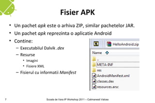 Fisier APK
    • Un pachet apk este o arhiva ZIP, similar pachetelor JAR.
    • Un pachet apk reprezinta o aplicatie Android
    • Contine:
       – Executabilul Dalvik .dex
       – Resurse
          • Imagini
          • Fisiere XML
       – Fisierul cu informatii Manifest




7                         Scoala de Vara IP Workshop 2011 – Calimanesti Valcea
 