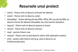 Resursele unui proiect
    • anim/ - fisiere xml ce descriu animatii de obiecte
    • color/ - fisiere xml ce descriu culori
    • drawable/ - fisiere bitmap de tip PNG, JPEG, GIF sau de tip XML ce
      descriu forme de obiecte Drawable sau stari pentru butoane.
    • layout/ - fisiere xml ce descriu layout-ul vizual
    • menu/ - fisere xml ce descriu meniuri
    • raw/ - pentru fisiere raw
    • values/ - fisiere xml ce pot descrie valori utile aplicatiei voastre
    • xml/ - pentru alte fisiere xml (e.g. cele ce descriu un
      PreferenceScreen)


9                       Scoala de Vara IP Workshop 2011 – Calimanesti Valcea
 
