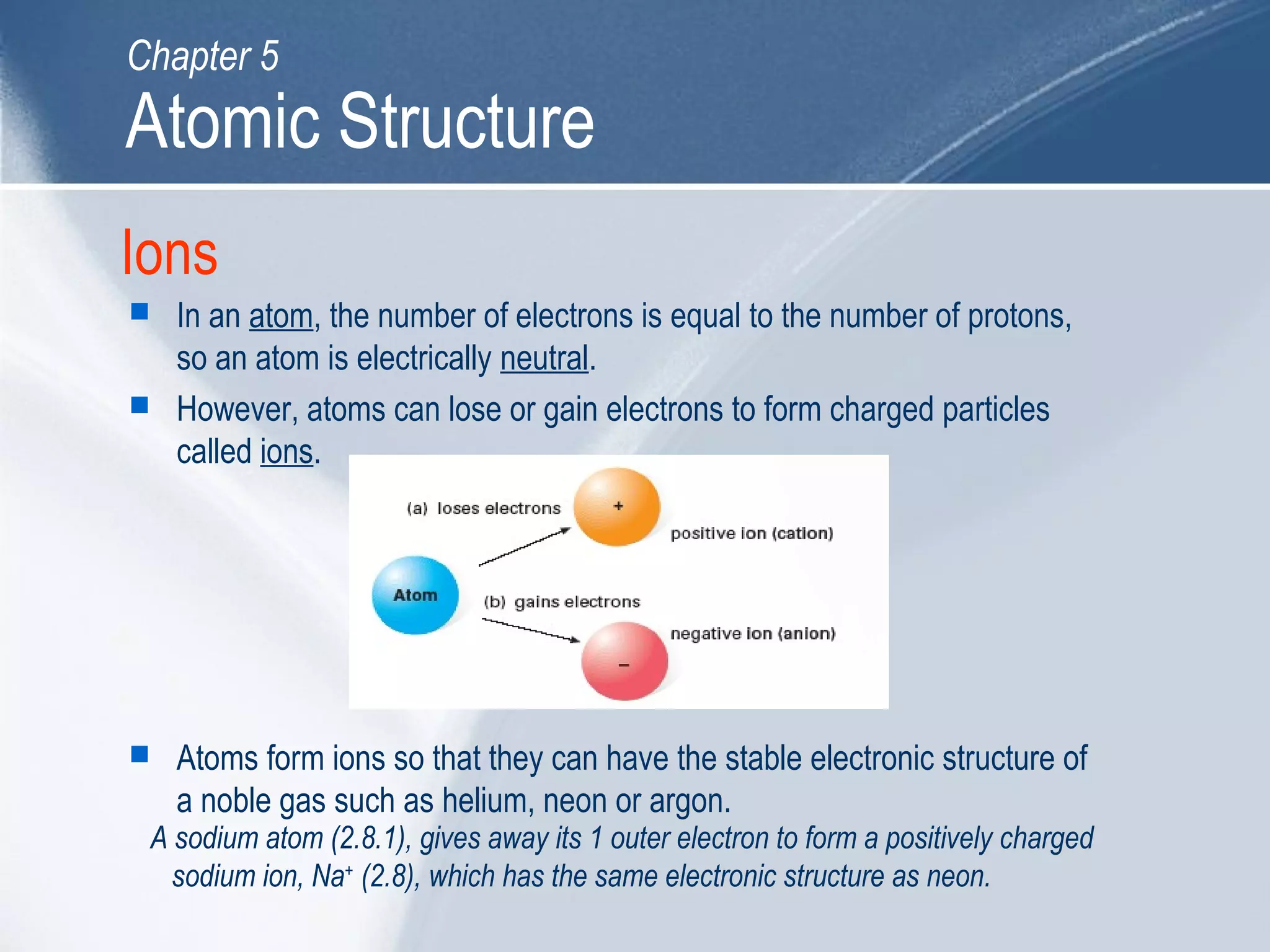 Ions
 In an atom, the number of electrons is equal to the number of protons,
so an atom is electrically neutral.
 However, atoms can lose or gain electrons to form charged particles
called ions.
 Atoms form ions so that they can have the stable electronic structure of
a noble gas such as helium, neon or argon.
A sodium atom (2.8.1), gives away its 1 outer electron to form a positively charged
sodium ion, Na+
(2.8), which has the same electronic structure as neon.
Atomic Structure
Chapter 5
 