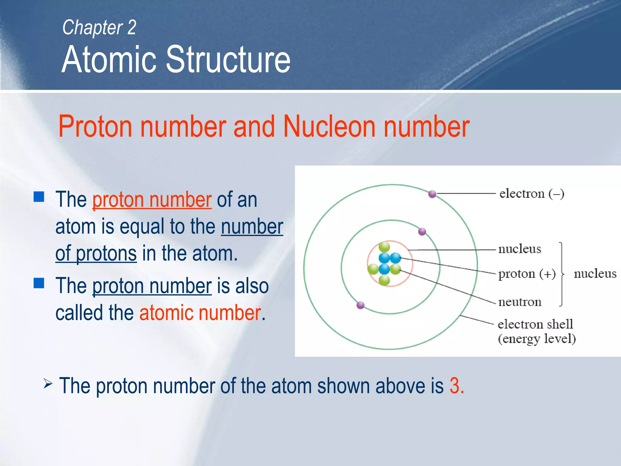 Proton number and Nucleon number
 The proton number of an
atom is equal to the number
of protons in the atom.
 The proton number is also
called the atomic number.
 The proton number of the atom shown above is 3.
Atomic Structure
Chapter 2
 