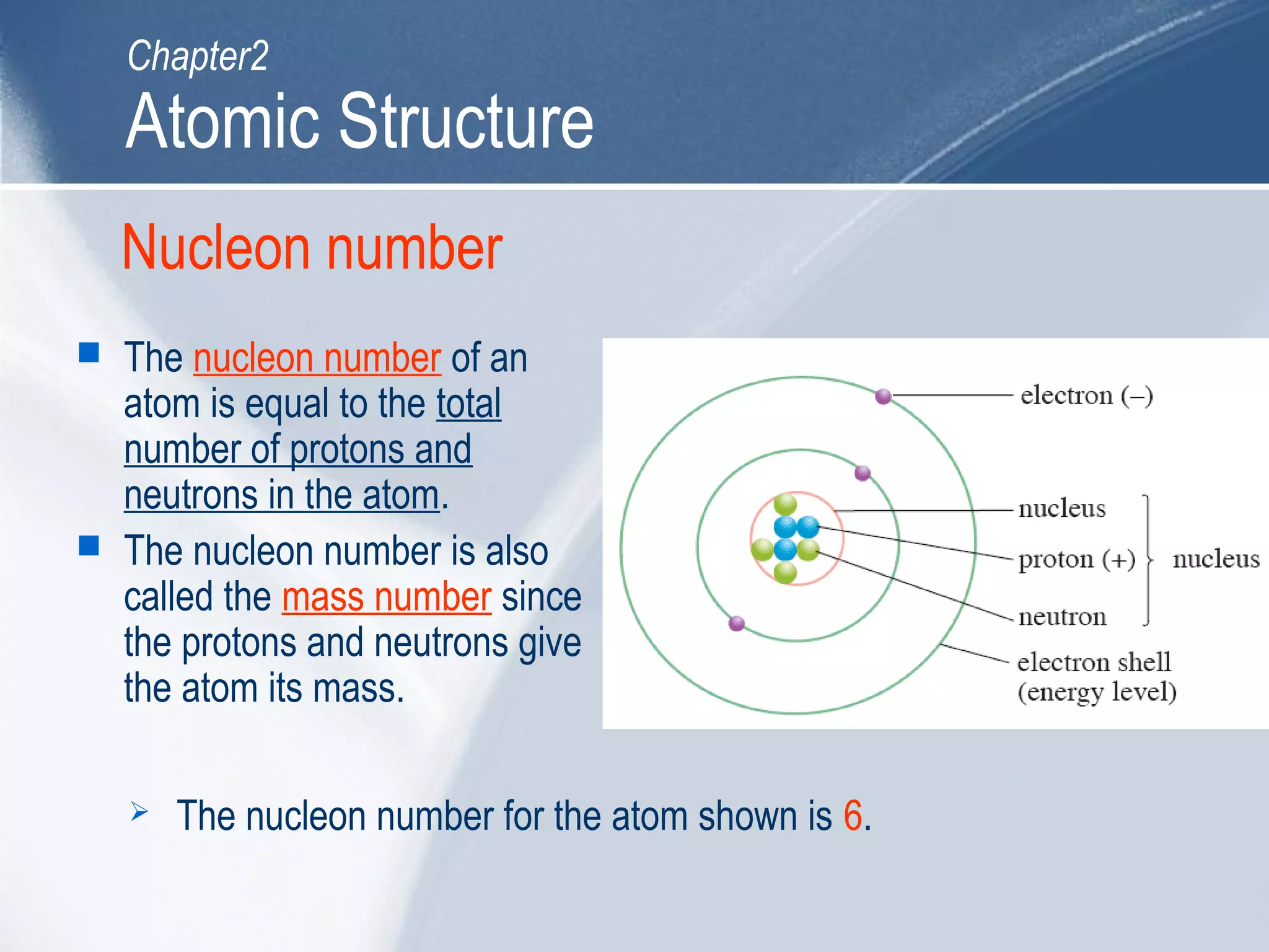 Nucleon number
 The nucleon number of an
atom is equal to the total
number of protons and
neutrons in the atom.
 The nucleon number is also
called the mass number since
the protons and neutrons give
the atom its mass.
 The nucleon number for the atom shown is 6.
Atomic Structure
Chapter2
 