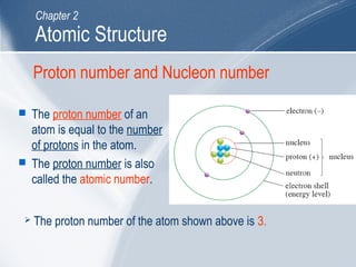 Proton number and Nucleon number
 The proton number of an
atom is equal to the number
of protons in the atom.
 The proton number is also
called the atomic number.
 The proton number of the atom shown above is 3.
Atomic Structure
Chapter 2
 