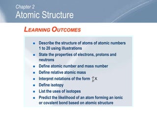 LEARNING OUTCOMES
 Describe the structure of atoms of atomic numbers
1 to 20 using illustrations
 State the properties of electrons, protons and
neutrons
 Define atomic number and mass number
 Define relative atomic mass
 Interpret notations of the form
 Define isotopy
 List the uses of isotopes
 Predict the likelihood of an atom forming an ionic
or covalent bond based on atomic structure
Atomic Structure
Chapter 2
Xa
b
 