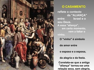 O CASAMENTO   reflete o contexto  da "ALIANÇA" entre  Israel e o seu Deus. A essa "aliança",  em certo momento,  vem a faltar o vinho.  O "vinho" é símbolo  do amor entre  o esposo e a esposa,  da alegria e da festa.  Constata-se que a antiga "aliança" tornou-se uma relação seca, sem alegria, sem amor e sem festa,  que já não proporciona  o encontro amoroso  entre Israel e o seu Deus.  