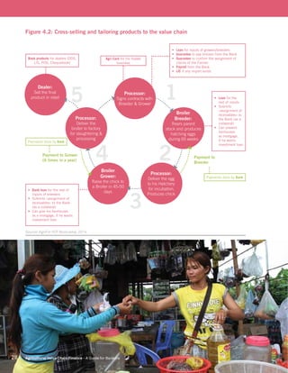 28 Agricultural Value Chain Finance - A Guide for Bankers
Figure 4.2: Cross-selling and tailoring products to the value chain
Source:AgriFin VCF Bootcamp, 2014.
15
24
3
Processor:
Signs contracts with
Breeder & Grower
Broiler
Breeder:
Rears parent
stock and produces
hatching eggs
during 65 weeks
Processor:
Deliver the
broiler to factory
for slaughtering &
processing
Processor:
Deliver the egg
to his Hatchery
for incubation.
Produces chick
Broiler
Grower:
Raise the chick to
a Broiler in 45-50
days
Dealer:
Sell the final
product in retail
Payment to
Breeder
Payment to Grower
(6 times in a year)
•	 Bank loan for the rest of
inputs of breeders
•	 Submits «assignment of
receivables» to the Bank
(as a collateral)
•	 Can give his henhouses
as a mortgage, if he wants
investment loan
Bank products for dealers (DDS,
L/G, POS, Chequebook)
Payments done by Bank
Payments done by Bank
Agri Card for his fodder
business
•	 Loan for inputs of growers/breeders
•	 Guarantee to pay broilers from the Bank
•	 Guarantee to confirm the assignment of
claims of the Farmer
•	 Payroll from the Bank
•	 L/C if any import exists
•	 Loan for the
rest of inputs
•	 Submits
«assignment of
receivables» to
the Bank (as a
collateral)
•	 Can present
henhouses
as mortgage,
if he wants
investment loan
 