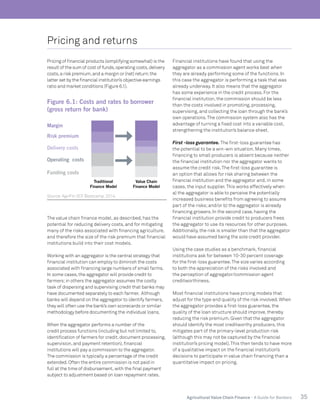 35Agricultural Value Chain Finance - A Guide for Bankers
Pricing and returns
Pricing of financial products (simplifying somewhat) is the
result of the sum of cost of funds,operating costs,delivery
costs,a risk premium,and a margin or (net) return;the
latter set by the financial institution’s objective earnings
ratio and market conditions (Figure 6.1).
The value chain finance model, as described, has the
potential for reducing delivery costs, and for mitigating
many of the risks associated with financing agriculture,
and therefore the size of the risk premium that financial
institutions build into their cost models.
Working with an aggregator is the central strategy that
financial institution can employ to diminish the costs
associated with financing large numbers of small farms.
In some cases,the aggregator will provide credit to
farmers;in others the aggregator assumes the costly
task of dispersing and supervising credit that banks may
have documented separately to each farmer. Although
banks will depend on the aggregator to identify farmers,
they will often use the bank’s own scorecards or similar
methodology before documenting the individual loans.
When the aggregator performs a number of the
credit process functions (including but not limited to,
identification of farmers for credit,document processing,
supervision,and payment retention),financial
institutions will pay a commission to the aggregator.
The commission is typically a percentage of the credit
extended.Often the entire commission is not paid in
full at the time of disbursement,with the final payment
subject to adjustment based on loan repayment rates.
Financial institutions have found that using the
aggregator as a commission agent works best when
they are already performing some of the functions. In
this case the aggregator is performing a task that was
already underway. It also means that the aggregator
has some experience in the credit process. For the
financial institution, the commission should be less
than the costs involved in promoting, processing,
supervising, and collecting the loan through the bank’s
own operations.The commission system also has the
advantage of turning a fixed cost into a variable cost,
strengthening the institution’s balance sheet.
First -loss guarantee. The first-loss guarantee has
the potential to be a win-win situation. Many times,
financing to small producers is absent because neither
the financial institution nor the aggregator wants to
assume the credit risk.The first-loss guarantee is
an option that allows for risk sharing between the
financial institution and the aggregator and, in some
cases, the input supplier.This works effectively when:
a) the aggregator is able to perceive the potentially
increased business benefits from agreeing to assume
part of the risks;and/or b) the aggregator is already
financing growers. In the second case, having the
financial institution provide credit to producers frees
the aggregator to use its resources for other purposes.
Additionally, the risk is smaller than that the aggregator
would have assumed being the sole credit provider.
Using the case studies as a benchmark, financial
institutions ask for between 10-30 percent coverage
for the first-loss guarantee.The size varies according
to both the appreciation of the risks involved and
the perception of aggregator/commission agent
creditworthiness.
Most financial institutions have pricing models that
adjust for the type and quality of the risk involved. When
the aggregator provides a first-loss guarantee, the
quality of the loan structure should improve, thereby
reducing the risk premium. Given that the aggregator
should identify the most creditworthy producers, this
mitigates part of the primary-level production risk
(although this may not be captured by the financial
institution’s pricing model).This then tends to have more
of a qualitative impact on the financial institution’s
decisions to participate in value chain financing than a
quantitative impact on pricing.
Figure 6.1: Costs and rates to borrower
(gross return for bank)
Source:AgriFin VCF Bootcamp, 2014.
Funding costs
Operating costs
Delivery costs
Risk premium
Margin
Traditional
Finance Model
Value Chain
Finance Model
 