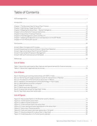 iAgricultural Value Chain Finance - A Guide for Bankers
Table of Contents
Acknowledgements...............................................................................................................................................................ii
Introduction...........................................................................................................................................................................1
Chapter 1:The Business Case for Value Chain Finance.....................................................................................................6	
Chapter 2:Identifying a Target Value Chain ........................................................................................................................9
Chapter 3:Mapping the Value Chain – Market Intelligence.............................................................................................15
Chapter 4:Entry Points for Financial Institutions............................................................................................................23
Chapter 5:Value Chain Financial Products.......................................................................................................................29
Chapter 6:Risk Management, Costs and Returns............................................................................................................32
Chapter 7:Adapting the Bank Structure and Operations to the VCF Model...................................................................37	
Chapter 8:From Pilot to VCF Launch.................................................................................................................................43
Conclusions..........................................................................................................................................................................45
Annex A:Basic Concepts and Principles...........................................................................................................................49
Annex B:Assessing Commercial Criteria in Value Chain Selection.................................................................................56
Annex C:Agriculture Value Chain Financial Products......................................................................................................59
Annex D:Internal Bank Proposal to Management............................................................................................................65
Annex E:VCF profit and loss account template................................................................................................................69
References ..........................................................................................................................................................................70
 
List of Tables
Table 1:Value chain participants. Main features and typical demand for financial services.........................................3
Table 4.1:Value chain organizational structures...............................................................................................................24
List of Boxes
Box 2.1:Building upon existing relationships with HDFC in India ...................................................................................10
Box 2.2:Partnering with large processors to pilot VC interventions in Pakistan...........................................................10
Box 2.3:The selection of the horticulture value chain in Mexico.....................................................................................12
Box 3.1:Research and development and biotechnology in input supply........................................................................17
Box 3.2:What defines an anchor company?......................................................................................................................19
Box 7.1:Roles for monitoring...............................................................................................................................................41
Box 7.2:Bank’s early warning system ................................................................................................................................42
Box 8.1:A value chain project at Yapi Kredi,Turkey...........................................................................................................44
Box 8.2:Yapi Kredi value chain action plan.......................................................................................................................44
List of Figures
Figure 2.1:Key success factors in the Brazilian poultry industry....................................................................................14
Figure 3.1:Turkish poultry value chain...............................................................................................................................17
Figure 3.2:Mexico tomato production...............................................................................................................................18
Figure 4.1:Financial flows within the value chain ............................................................................................................24
Figure 4.2:Cross-selling and tailoring products to the value chain................................................................................28
Figure 5.1:Value chain finance products.......................................................................................................................... 29
Figure 6.1:Costs and rates to borrower (gross return for bank) ..................................................................................... 35
Figure 7.1:Industry analysis for a value chain in Yapi Kredi.............................................................................................38
Figure 7.2:Credit evaluation of a Turkish poultry operator............................................................................................. 39
 