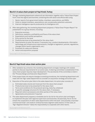 44 Agricultural Value Chain Finance - A Guide for Bankers
Box 8.1:A value chain project at Yapi Kredi,Turkey
1.	 The agri-marketing department collects all raw information,together with a“Value Chain Project
Form”,from the regions and branches,combining this with sector and official data using:
1.	 Sector reports from government bodies, chambers, associations, and NGOs
2.	 Visits to related chambers, associations, and, occasionally, potential customers
3.	 Internal intelligence reports produced by its intelligence unit
2.	 After data gathering, the marketing department prepares a “Value Chain Project Report” for
presentation to a group director, including:
1.	 Executive summary
2.	 Definitions, statistics, profitability and flows of the value chain
3.	 Expectations and market perceptions
4.	 Entry points for the bank
5.	 Products/services to be presented for the value chain
6.	 Requirements to enter the sector, if necessary (e.g., product developments, information
technology and infrastructure requirements, changes to legislation, policies, regulations,
changes within bank’s organization, etc.)
7.	 Forecasts for sales and revenue
8.	 Action and acquisition proposal
Source:AgriFin VCF Bootcamp, 2014.
Box 8.2 Yapi Kredi value chain action plan
1.	 After validation by a director, the marketing department arranges meetings with related
parties to discuss requirements for an action plan. A steering committee is established if the
value chain project requires major development. The secretariat of the committee is held in
the “Process Design and Execution Department”.
2.	 If the project does not require changes to existing procedures, the marketing department will
meet with the “Agri-sales Department to consider an acquisition strategy and action plan
3.	 Execution of the action plan falls to the sales department. An action plan consists of:
a.	 Estimated sales volume and revenues from the value chain project
b.	 Products/services to be presented for the value chain
c.	 Terms and conditions for the products (pricing, maturity, collateral)
d.	 A specific campaign structure for the value chain, if necessary
e.	 Required visits to processors and other parties of the value chain
f.	 Agreements and protocols if required
4.	 The sales department prepares a timetable and to-do list for the action plan and begins
to implement the plan with regional supervisors and branches. Occasionally, the to-do list
entails the cooperation of other sales departments within the bank (and possibly corporate/
commercial/small- and medium-enterprise/mass segment sales teams). In that case, an
“Agri-Segment Director” takes the responsibility to cooperate with other teams.
Source:AgriFin VCF Bootcamp, 2014.
 