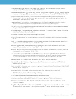 71Agricultural Value Chain Finance - A Guide for Bankers
Dries, Liesbeth, and Johan Swinnen. 2004. Foreign direct investment, vertical integration and local suppliers:
evidence from the Polish dairy sector. World Dev. 32(9):1525–44.
Fries, Robert, and Banu Akin. 2004.Value Chains and Their Significance for Addressing the Rural Finance Challenge.
microReport, Washington, D.C.:Accelerated Microenterprise Advancement Project (AMAP), USAID, ACDI/VOCA.
Haggblade, Steven. 2007.“Subsector supply chains:operational diagnostics for a complex rural economy. In
Transforming the Rural Nonfarm Economy:Opportunities and Threats in the Developing World.” pp. 352–80.
Baltimore, MD:Johns Hopkins Univ. Press.
Haggblade, Steven, Peter Hazell and Thomas Reardon (eds.). 2007. Transforming the Rural Nonfarm Economy:
Opportunities and Threats in the Developing World.Johns Hopkins University Press. October.
HBL, AgriFin. 2016. Structure and Performance of the Dairy Value Chain in Pakistan – A Summary of HBL’s Market
Study on the Dairy Value Chain in Pakistan.
HDFC Bank, AgriFin. 2016. Creating Value Chain Finance for Farmers – A Summary of HDFC’s Market Study on the
Hybrid Seed Production Chains. World Bank.
HDFC Bank. 2015. White Paper:Supply Chain Tool Kit, unpublished.
IFC. 2011. Scaling Up Access to Finance forAgricultural SMEs:Policy Review and Recommendations. Washington
DC:IFC.
Jayne,T. S., David Mather, and Elliot Mghenyi. 2010.“Principal Challenges Confronting Smallholder Agriculture in
Sub-Saharan Africa.” World Development, 38(10), 1384–1398.
Kaplinsky, Raphael. 2004.“Spreading the Gains from Globalization:What Can Be Learned from Value-Chain
Analysis?” Problems of Economic Transition, 47(2), 74–115.
Kopparthi, Murty. 2012. Is value chain financing a solution to the problems and challenges of access to finance of
small-scale farmers in Rwanda 38(10), 993–1004.
Lee,Joonkoo, Gary Geref, and Janet Beauvais. 2012. Global value chains and agrifood standards :Challenges
and possibilities for smallholders in developing countries. Edited by Prabhu Pingali, Bill and Melinda Gates
Foundation, Seattle, WA, and approved October 12, 2010 (received for review November 26, 2009.)
Macharia, George. 2013. Financing Dairy Sector Equity Bank. AgriFin Webinar Presentation.
Mcmichael, Philip. 2013.“Value-chain Agriculture and Debt Relations:contradictory outcomes.” Third World
Quarterly, 34(4), 671–690.
Meyer, Richard. 2011.“Subsidies as an Instrument in Agriculture Finance:A Review.” The World Bank, BMZ, FAO, GIZ,
IFAD and UNCDF, (June), 1–72.
Miller, Calvin. (IFAD). 2010. A Baker’s Dozen Lessons of Value Chain Financing in Agriculture, 19(4).
---. 2011. Agricultural value chain finance strategy and design.
---. 2012. Agricultural value chain finance strategy and design Technical Note.
Miller, Calvin. and Carlos da Silva. 2007.“Value chain financing in agriculture.” Enterprise Development
Miller, Calvin. and Linda Jones. 2010.“Agricultural Value Chain Finance:Tools and Lessons.” Practical Action
Publishing. Rugby, UK.
Nang, Eddah, Dagmar Mithöfer, and Steven Franzel. 2011. Review of guidelines and manuals for value chain analysis
for agricultural and forest products. ICRAF Occasional Paper No. 17. Nairobi:World Agroforestry Centre.
 