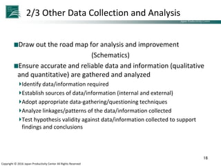 Japan Productivity Center Consulting Dept.
Japan Productivity Center
Copyright © 2016 Japan Productivity Center All Rights Reserved
2/3 Other Data Collection and Analysis
Draw out the road map for analysis and improvement
(Schematics)
Ensure accurate and reliable data and information (qualitative
and quantitative) are gathered and analyzed
Identify data/information required
Establish sources of data/information (internal and external)
Adopt appropriate data-gathering/questioning techniques
Analyze linkages/patterns of the data/information collected
Test hypothesis validity against data/information collected to support
findings and conclusions
16
 