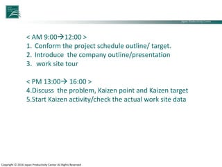 Japan Productivity Center Consulting Dept.
Japan Productivity Center
Copyright © 2016 Japan Productivity Center All Rights Reserved
< AM 9:0012:00 >
1. Conform the project schedule outline/ target.
2. Introduce the company outline/presentation
3. work site tour
< PM 13:00 16:00 >
4.Discuss the problem, Kaizen point and Kaizen target
5.Start Kaizen activity/check the actual work site data
 