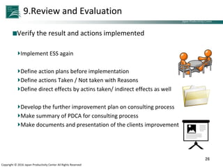 Japan Productivity Center Consulting Dept.
Japan Productivity Center
Copyright © 2016 Japan Productivity Center All Rights Reserved
9.Review and Evaluation
Verify the result and actions implemented
Implement ESS again
Define action plans before implementation
Define actions Taken / Not taken with Reasons
Define direct effects by actins taken/ indirect effects as well
Develop the further improvement plan on consulting process
Make summary of PDCA for consulting process
Make documents and presentation of the clients improvement
26
 