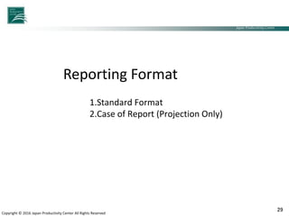 Japan Productivity Center Consulting Dept.
Japan Productivity Center
Copyright © 2016 Japan Productivity Center All Rights Reserved
29
1.Standard Format
2.Case of Report (Projection Only)
Reporting Format
 