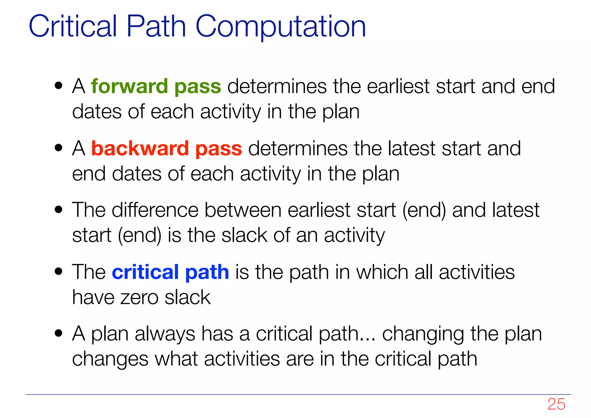 Critical Path Computation
• A forward pass determines the earliest start and end
dates of each activity in the plan
• A backward pass determines the latest start and
end dates of each activity in the plan
• The difference between earliest start (end) and latest
start (end) is the slack of an activity
• The critical path is the path in which all activities
have zero slack
• A plan always has a critical path... changing the plan
changes what activities are in the critical path
!25
 