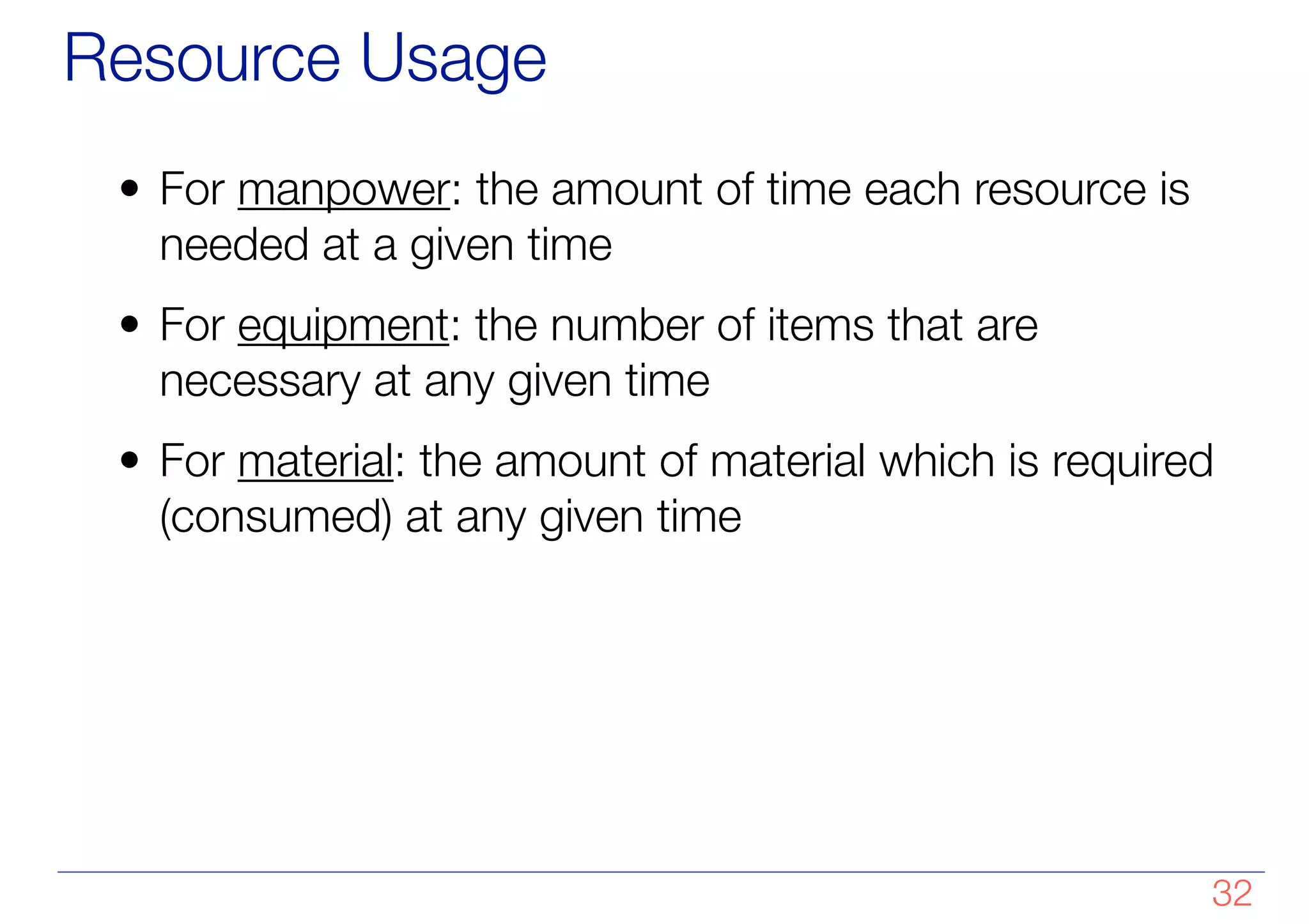 Resource Usage
• For manpower: the amount of time each resource is
needed at a given time
• For equipment: the number of items that are
necessary at any given time
• For material: the amount of material which is required
(consumed) at any given time
!32
 