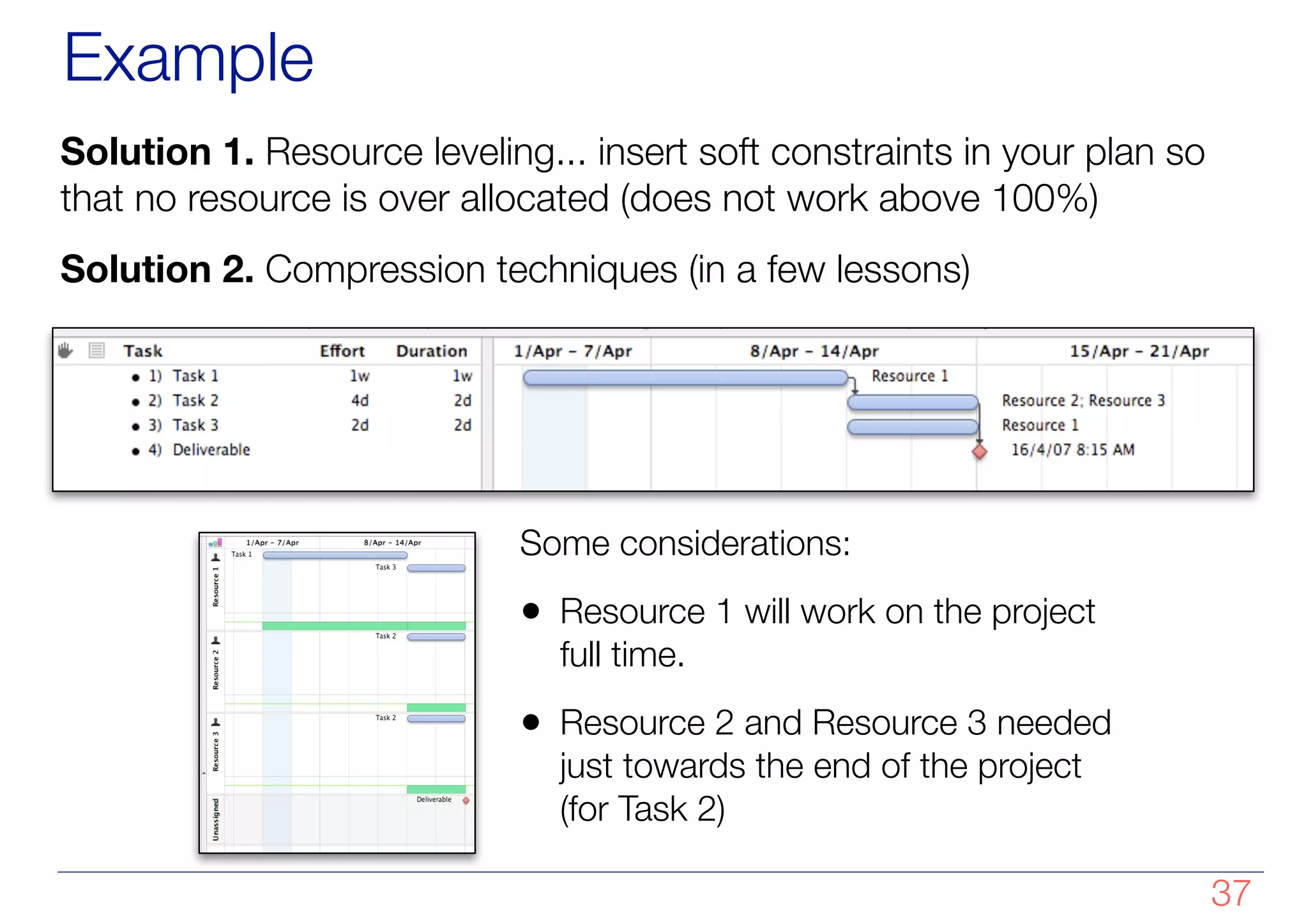 Example
!37
Solution 1. Resource leveling... insert soft constraints in your plan so
that no resource is over allocated (does not work above 100%)
Solution 2. Compression techniques (in a few lessons)
Some considerations:
• Resource 1 will work on the project
full time.
• Resource 2 and Resource 3 needed
just towards the end of the project
(for Task 2)
 