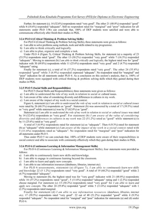Politeknik Kota Kinabalu Programme Exit Survey (PES) for Diploma in Electronic Engineering
www.ijres.org 19 | Page
Further, for statement (c), 14 (32.6%) respondents rated “very good”. The other 21 (48.8%) responded “good”
while 8 (18.6%) responded “adequate”. Still no respondent rated for “marginal” and “poor” indication for all
statements under PLO 3.We can conclude that, 100% of DEP students were satisfied and were able to
communicate effectively after finish their studies in PKK.
3.2.4 PLO 4 (Critical Thinking & Problem Solving Skills)
For PLO 4 (Critical Thinking & Problem Solving Skills), three statements were given as follows:
a) I am able to solve problems using methods, tools and skills related to my programme.
b) I am able to think critically and logically.
c) I am able to plan, organize and complete a task.
Under PLO 4 (Figure 5), Critical Thinking & Problem Solving Skills, for statement (a) a majority of 23
(53.5%) respondents rated “good”. The other 13 (30.2%) responded “very good” while 7 (16.3%) responded
“adequate”. Moving to statement (b) I am able to think critically and logically, the highest rated was for “good”
indicator with 30 (69.8%) respondents while 11 (25.6%) respondents rated “very good” and 2 (4.7%) responded
“adequate” rating.
Finally for statement (c), a total of 16 (37.2%) respondents rated “very good”. The other 24 (55.8%)
responded “good” while 3 (6.9%) responded expressed “adequate”. No respondent rated for “marginal” and
“poor” indication for all statements under PLO 4. As a conclusion on this section’s analysis, that is, 100% of
DEP students were equipped with critical thinking & problem solving skills which they gained during their
studies in PKK.
3.2.5 PLO 5 (Social Skills and Responsibilities)
For PLO 5 (Social Skills and Responsibilities), three statements were given as follows:
a) I am able to understand the role of my work in relation to social or cultural issues.
b) I am aware of the value of considering diversity and differences in cultures in my work.
c) I am aware of the impact of my work in a social context.
Figure 6, statement (a) I am able to understand the role of my work in relation to social or cultural issues
were rated by 26 (60.5%) respondents as “good”. Statement (b) was answered by a total of 17 (39.5%) rated
as “very good” while statement (c) was by 27 (62.8%) as “good”.
Statement (a) I am able to understand the role of my work in relation to social or cultural issues was rated
by 14 (32.6%) respondents as “very good”. For statement (b) I am aware of the value of considering
diversity and differences in cultures in my work was 22 (51.2%) rated as “good” while statement (c) is
by 11 (25.6%) rated as “very good”.
A total of 3 (6.9%) respondents rated for statement (a) as “adequate”. Then 4 (9.3%) rated for statement
(b) as “adequate” while statement (c) I am aware of the impact of my work in a social context rated with
5 (11.6%) respondents rated as “adequate”. No respondent rated for “marginal” and “poor” indication for
all statements under PLO 5.
Thus under PLO 5 we can conclude that, 100% of DEP students were aware of their responsibilities in
social context and able to associate with community effectively which they gain during their studies in PKK.
3.2.6 PLO 6 (Continuous Learning & Information Management Skills)
For PLO 6 (Continuous Learning & Information Management Skills), four statements were provided as
follows:
a) I am able to continuously learn new skills and knowledge.
b) I am able to engage in continuous learning beyond the classroom.
c) I am able to learn and apply new concepts.
d) I am able to use information resources (databases, libraries, internet etc).
For PLO 6 assessments, statement (a) (Figure 7), I am able to continuously learn new skills
and knowledge 22 (5 1.2%) respondents rated “very good”. A total of 19 (44.2%) responded “good” while 2
(4.7%) responded “adequate”.
Moving to statement (b), the highest rated was for “very good” indicator with 21 (48.8%) respondents
while 16 (37.2%) respondents rated “good”, 5 (11.6%) responded “adequate” rating and 1 (2.3%) responded
choose marginal. For statement (c) 13 (30.2%) respondents rated “very good” for I am able to learn and
apply new concepts. The other 24 (55.8%) responded “good” while 5 (11.6%) responded “adequate” with 1
(2.3%) respondents rated marginal.
Finally for statement (d) I am able to use information resources (databases, libraries, internet
etc), 17 (39.5%) respondents rated “very good”. 22 out of 40 (51.2%) responded “good” while 4 (9.3%)
responded “adequate”. No respondent rated for “marginal” and “poor” indication for statements (a) and (d) under
PLO 6.
 
