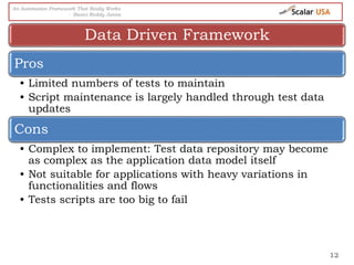 12
Pros
• Limited numbers of tests to maintain
• Script maintenance is largely handled through test data
updates
Cons
• Complex to implement: Test data repository may become
as complex as the application data model itself
• Not suitable for applications with heavy variations in
functionalities and flows
• Tests scripts are too big to fail
Data Driven Framework
An Automation Framework That Really Works
- Basivi Reddy Junna
 