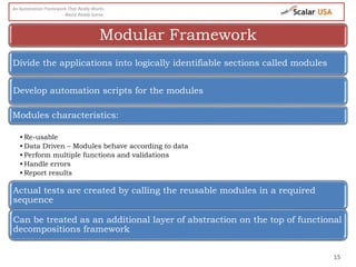 15
Divide the applications into logically identifiable sections called modules
Develop automation scripts for the modules
Modules characteristics:
• Re-usable
• Data Driven – Modules behave according to data
• Perform multiple functions and validations
• Handle errors
• Report results
Actual tests are created by calling the reusable modules in a required
sequence
Can be treated as an additional layer of abstraction on the top of functional
decompositions framework
Modular Framework
An Automation Framework That Really Works
- Basivi Reddy Junna
 