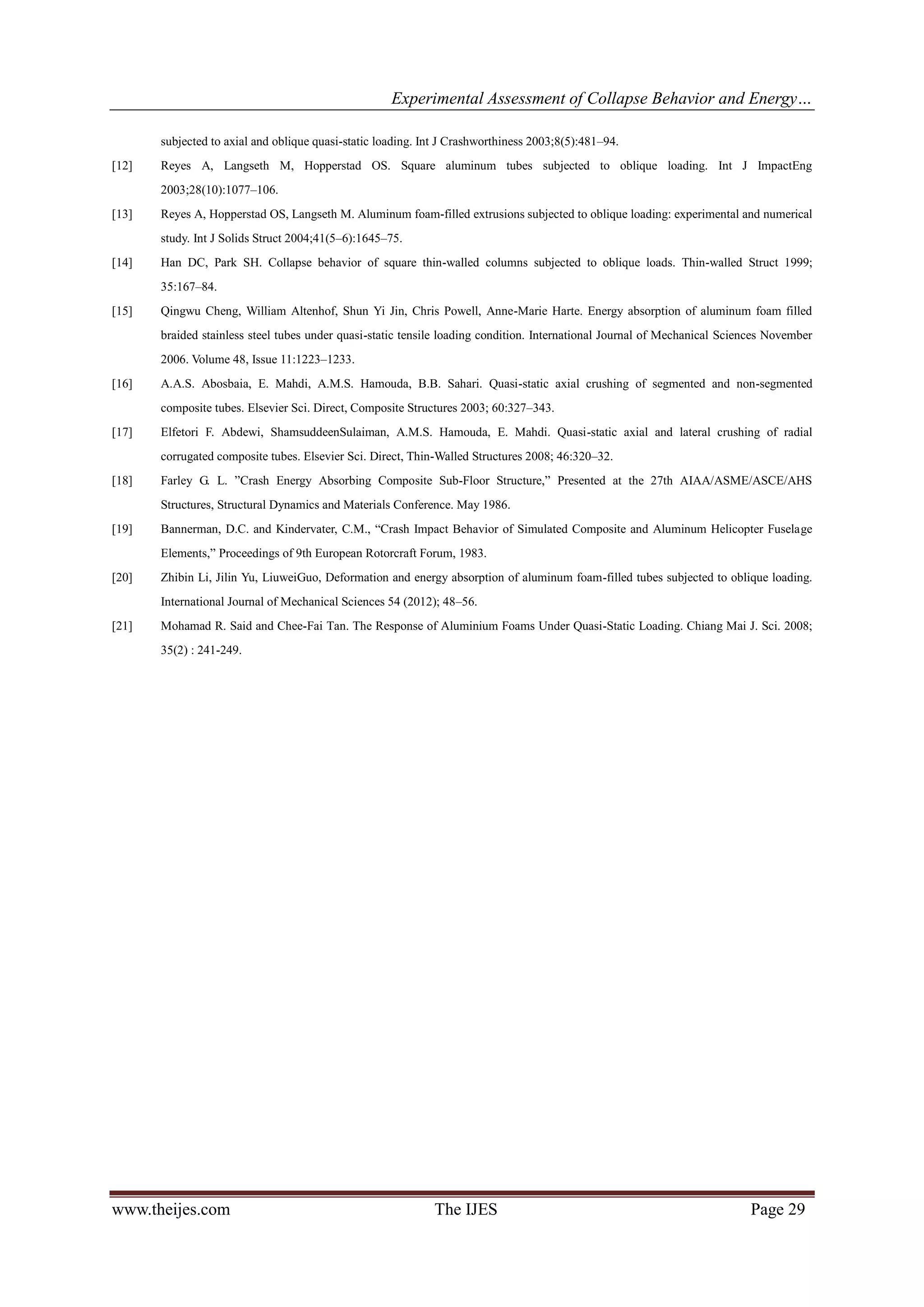 Experimental Assessment of Collapse Behavior and Energy…
www.theijes.com The IJES Page 29
subjected to axial and oblique quasi-static loading. Int J Crashworthiness 2003;8(5):481–94.
[12] Reyes A, Langseth M, Hopperstad OS. Square aluminum tubes subjected to oblique loading. Int J ImpactEng
2003;28(10):1077–106.
[13] Reyes A, Hopperstad OS, Langseth M. Aluminum foam-filled extrusions subjected to oblique loading: experimental and numerical
study. Int J Solids Struct 2004;41(5–6):1645–75.
[14] Han DC, Park SH. Collapse behavior of square thin-walled columns subjected to oblique loads. Thin-walled Struct 1999;
35:167–84.
[15] Qingwu Cheng, William Altenhof, Shun Yi Jin, Chris Powell, Anne-Marie Harte. Energy absorption of aluminum foam filled
braided stainless steel tubes under quasi-static tensile loading condition. International Journal of Mechanical Sciences November
2006. Volume 48, Issue 11:1223–1233.
[16] A.A.S. Abosbaia, E. Mahdi, A.M.S. Hamouda, B.B. Sahari. Quasi-static axial crushing of segmented and non-segmented
composite tubes. Elsevier Sci. Direct, Composite Structures 2003; 60:327–343.
[17] Elfetori F. Abdewi, ShamsuddeenSulaiman, A.M.S. Hamouda, E. Mahdi. Quasi-static axial and lateral crushing of radial
corrugated composite tubes. Elsevier Sci. Direct, Thin-Walled Structures 2008; 46:320–32.
[18] Farley G. L. ”Crash Energy Absorbing Composite Sub-Floor Structure,” Presented at the 27th AIAA/ASME/ASCE/AHS
Structures, Structural Dynamics and Materials Conference. May 1986.
[19] Bannerman, D.C. and Kindervater, C.M., “Crash Impact Behavior of Simulated Composite and Aluminum Helicopter Fuselage
Elements,” Proceedings of 9th European Rotorcraft Forum, 1983.
[20] Zhibin Li, Jilin Yu, LiuweiGuo, Deformation and energy absorption of aluminum foam-filled tubes subjected to oblique loading.
International Journal of Mechanical Sciences 54 (2012); 48–56.
[21] Mohamad R. Said and Chee-Fai Tan. The Response of Aluminium Foams Under Quasi-Static Loading. Chiang Mai J. Sci. 2008;
35(2) : 241-249.
 