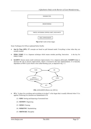 A Qualitative Study on the Barriers of Lean Manufacturing…
www.theijes.com The IJES Page 23
Fig 1.2 QC tools in four stages
Some Techniques for LM are explained below briefly:
 Just In Time (JIT): JIT concepts are based on pull demand model. Everything is done when they are
actually needed.
 POKA YOKE: It is a Japanese technique which means mistake proofing. Innovation is the key for
POKA YOKE.
 KAIZEN: Kaizen means small continuous improvements. It is a Japanese philosophy. KAIZEN helps to
decrease the risk in process improvement, which is involved in the lean implementation. It is basically
dependent on PDCA cycle which is also called Deming cycle, as depicted in fig. 1.3.
FIG. 1.3 KAIZEN [Dixit et al. (2011)]
 5S’s: “A place for everything and everything in its place” is the slogan that is usually followed when 5 S is
applied. Following five elements are fundamental to 5S.
(1) SERI: Sorting and disposing of unwanted item
(2) SEITION: Organizing
(3) SEISO: Cleaning
(4) SEIKETSU: Standardizing
(5) SHITSUKE: Discipline
PLAN DO
SMALL
IMPROVEMENT
ACT
CHECK
ISHIKAWA TOOL
 AFFINITY AND RELATION DIAGRAM
BRAINSTORMING
 MATRIX AND TREE DIAGRAM
PARETO, HISTOGRAM, CONTROL CHART, CHECK SHEETS
 ARROW DIAGRAM,PDPC,MATRIX DATA ANALYSIS
SMALL IMPROVEMENTS
 