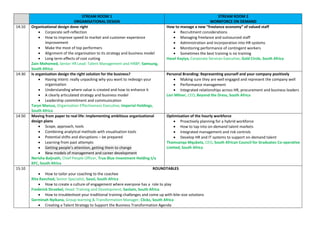 STREAM ROOM 1
ORGANISATIONAL DESIGN
STREAM ROOM 2
WORKFORCE ON DEMAND
14:10 Organisational design done right
 Corporate self-reflection
 How to improve speed to market and customer experience
improvement
 Make the most of top performers
 Alignment of the organisation to its strategy and business model
 Long term effects of cost cutting
Zain Mohomed, Senior HR Lead: Talent Management and HRBP, Samsung,
South Africa
How to manage a new “freelance economy” of valued staff
 Recruitment considerations
 Managing freelance and outsourced staff
 Administration and incorporation into HR systems
 Monitoring performance of contingent workers
 Sometimes the best training is no training
Hazel Kayiya, Corporate Services Executive, Gold Circle, South Africa
14:30 Is organisation design the right solution for the business?
 Having intent: really unpacking why you want to redesign your
organisation
 Understanding where value is created and how to enhance it
 A clearly articulated strategy and business model
 Leadership commitment and communication
Taryn Marcus, Organisation Effectiveness Executive, Imperial Holdings,
South Africa
Personal Branding: Representing yourself and your company positively
 Making sure they are well engaged and represent the company well
 Performance management
 Integrated relationships across HR, procurement and business leaders
Lori Milner, CEO, Beyond the Dress, South Africa
14:50 Moving from paper to real life: implementing ambitious organisational
design plans
 Scope, approach, tools
 Combining analytical methods with visualisation tools
 Potential shifts and disruptions – be prepared
 Learning from past attempts
 Getting people’s attention, getting them to change
 New models of management and career development
Nerisha Baijnath, Chief People Officer, True Blue Investment Holding t/a
KFC, South Africa
Optimisation of the hourly workforce
 Proactively planning for a hybrid workforce
 How to tap into on-demand talent markets
 Integrated management and risk controls
 Develop HR and IT systems to support on-demand talent
Thamsanqa Mqubela, CEO, South African Council for Graduates Co-operative
Limited, South Africa
15:10 ROUNDTABLES
 How to tailor your coaching to the coachee
Rita Ranchod, Senior Specialist, Sasol, South Africa
 How to create a culture of engagement where everyone has a role to play
Frederick Stroebel, Head: Training and Development, Sanlam, South Africa
 How to troubleshoot your traditional training challenges and come up with bite-size solutions
Germinah Nyikana, Group learning & Transformation Manager, Clicks, South Africa
 Creating a Talent Strategy to Support the Business Transformation Agenda
 