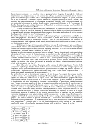 Réflexions critiques sur le comique d’expression langagière dans...
www.ijhssi.org 17 | P a g e
Les syntagmes nominaux « […] cou, bras, poing et épaule de lutteur, visage dur de pierre […] » établissent
implicitement une comparaison qui se voit renforcer par celle qui se présente explicitement dans la première
partie de la citation et qui s’accentue dans la dernière partie où l’intéressé est comparé à un grillon, un insecte
qui de plus est « affolé ». D’une espèce végétale, « souche », il dégénère rapidement en insecte, « grillon » doté
en plus d’une émotion humaine qui est exprimée par le qualificatif épithète « affolé ». Cette combinaison crée
un sentiment d’antipathie qui se souligne dans la violence caractérisant l’affolement né de l’emportement de
Bamba. Du coup, il devient comique, étant donné qu’il manifeste un sentiment mécanique sous l’impulsion du
comportement de son interlocuteur, Fama.
L’image de comique que Kourouma donne à Bamba dans la combinaison de la métaphore et de la
comparaison explicite se concrétise davantage en ces termes dans un emploi renforcé de la métaphore seule :
« Accroché au sol, actionnant des mâchoires de fauve, menaçant des coudes, des épaules et de la tête, comment
Bamba pouvait-il entendre les cris d’avocette du griot ? »34
Ici, Bamba est carrément une bête enragée ; alors que le malingre griot perd toute importance sous l’effet du «
remue-ménage général ! brouhaha de l’arrivée d’un troupeau de buffles dans la forêt » déclenché par son
compliment peu révérencieux et humoristique formulé à l’égard de Fama arrivé en retard aux funérailles de
septième jour de feu Koné Abrahima : « Déjà le petit râblé de Bamba avait bondi comme un danseur et atterri à
ses pieds comme un fauve. »35
L’affolement ironique de Fama, un prince légitime, vrai sang de maître de guerre qui se voit lui aussi
entraîné dans la petitesse de la colère déshonorante et avilissante se traduit dans l’accumulation des métaphores
comme suit : « Fama non plus ! Celui-ci s’excitait, trépignait, maudissait : le fils de chien de Bamba montrait
trop de virilité ! Il fallait le honnir, l’empoigner, le mordre. »36
Fama est lui-même ironiquement un « serpent / chien », puisqu’il s’apprête à mordre après avoir empoigné son
adversaire qu’il traite pourtant de fils de chien dans un premier temps. Par ailleurs, le doute de la virilité de
Fama, « un vieux cassé » face à un adversaire aussi redoutable que Bamba, « le petit râblé, qui ne tarde à bondir
et atterrir devant lui comme un danseur », « comme un fauve » est ironiquement souligné par l’emploi du verbe
« trépignait ». Le narrateur rend l’ironie plus sensible et plaisante lorsqu’il souligne humoristiquement la
rapidité avec laquelle Fama accepte de se retirer de la bagarre avec Bamba : « Fama retroussa son boubou et
s’assit sur la natte un peu trop vite. »37
Dans Allah n’est pas obligé… Kourouma semble accorder la même importance à l’emploi de la
comparaison implicite que dans Les Soleils des Indépendances. Néanmoins, cet emploi reste peu répandu dans
ce premier, du fait que le narrateur est un adolescent, qui naturellement ne sait pas trop la valeur expressive de
la métaphore. Un exemple de ces quelques métaphores dans Allah n’est pas obligé…se présente ainsi : « La
jambe droite, qu’elle appelait sa tête de serpent écrasée […] »38
La jambe ulcéreuse est ici implicitement comparée à la tête écrasée d’un serpent. Le narrateur cherche,
d’ailleurs à ne pas s’associer à la portée antipathique de cette métaphore. Ce qui le conduit à dire que sa mère
appelait elle-même, cette jambe « sa tête de serpent écrasée ». Un autre exemple est celui qui permet d’évoquer
ironiquement la beauté d’antan douteuse de la mère qui est comparée à un fruit savoureux et appétissant :
« Quand maman était jolie, appétissante et vierge on l’appelait Bafitini. »39
Cette beauté contraste nettement
avec l’image scatologique qu’elle revêt dans la comparaison explicite acerbe que fait le narrateur dans sa
peinture plus ou moins objective d’enfant en ces termes : « Une beauté pourrie comme l’ulcère de sa jambe
droite, une lueur qui se voyait dans la fumée et les odeurs de la case. »40
Le narrateur, comme nous pouvons le
constater, feint l’infantilisme mental et se voue à rester prisonnier du concret, du présent immédiat, du sens
littéral. Il renverse les normes en feignant d’ignorer les présupposés, les jugements de réalité ou de valeur,
implicitement admis par la majorité. De cet arrêt du jugement affectif se traduisant par une insensibilité
volontaire, et du jugement moral qui aboutit à une indifférence apparente à la valeur éthique des choses, qui se
dégagent de l’attitude du narrateur en présence du sort de sa mère souligne le comique humoristique dans ses
propos. Cette attitude confirme la position d’Evrard que « L’insensibilité, l’indifférence, la distanciation,
l’élévation narcissique aboutissent à un arrêt du jugement affectif, à une occultation des émotions humaines les
plus élémentaires. »41
L’humour, dans ce cas, naît du décalage entre la pensée tragique de l’état maladif et
moribond de la mère et le ton banal et scatologique dont use le fils en décrivant l’horreur de cet état.
34
A. KOUROUMA, 1970, p. 14).
35
A. KOUROUMA, 1970, p. 14.
36
A. KOUROUMA, 1970, p. 14.
37
A. KOUROUMA, 1970, p. 15.
38
A. KOUROUMA, 2000, p. 14.
39
A. KOUROUMA, 2000, p. 19.
40
A. KOUROUMA, 2000, p. 19.
41
F. EVRARD, 1996, p. 55.
 