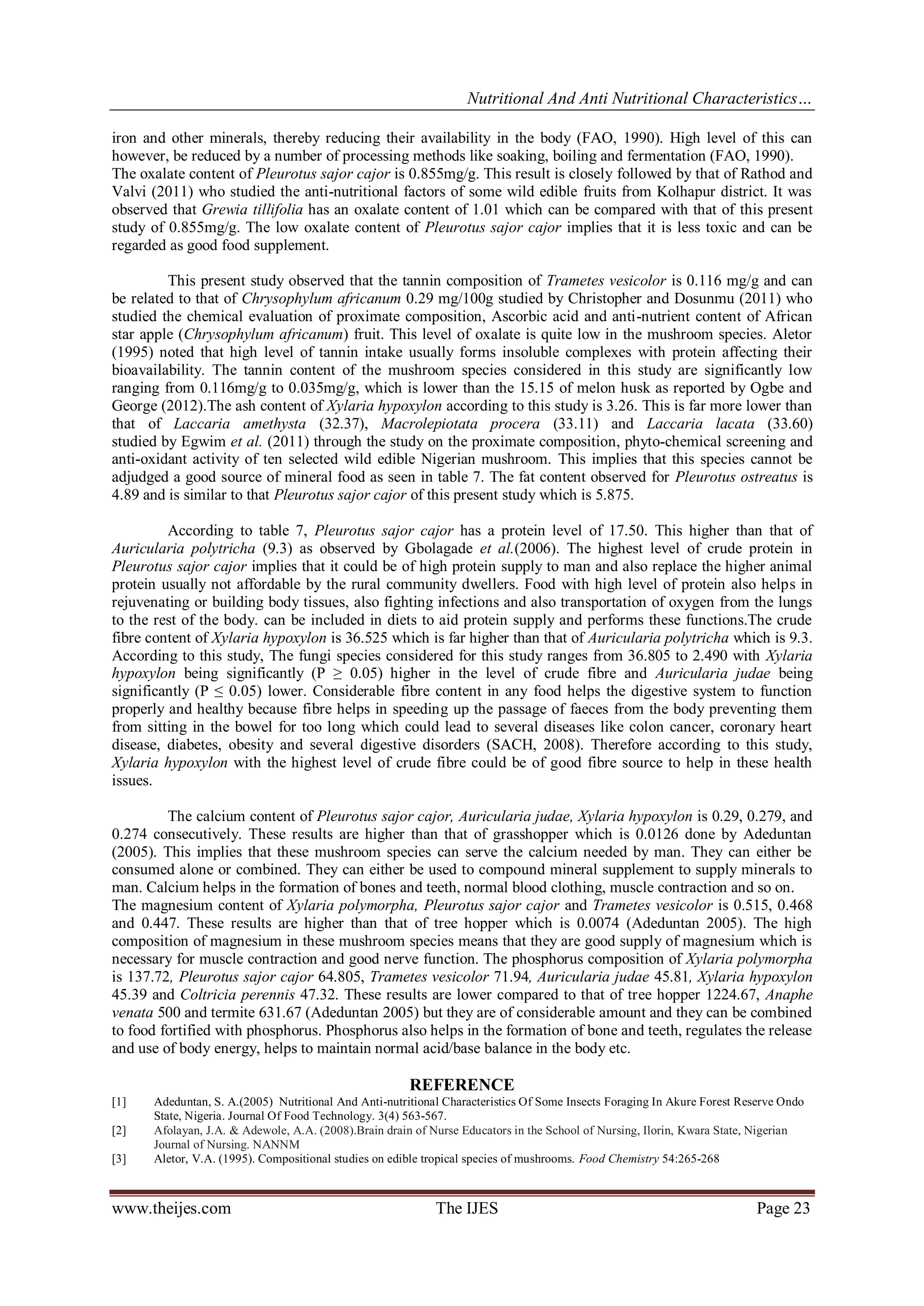 Nutritional And Anti Nutritional Characteristics…
www.theijes.com The IJES Page 23
iron and other minerals, thereby reducing their availability in the body (FAO, 1990). High level of this can
however, be reduced by a number of processing methods like soaking, boiling and fermentation (FAO, 1990).
The oxalate content of Pleurotus sajor cajor is 0.855mg/g. This result is closely followed by that of Rathod and
Valvi (2011) who studied the anti-nutritional factors of some wild edible fruits from Kolhapur district. It was
observed that Grewia tillifolia has an oxalate content of 1.01 which can be compared with that of this present
study of 0.855mg/g. The low oxalate content of Pleurotus sajor cajor implies that it is less toxic and can be
regarded as good food supplement.
This present study observed that the tannin composition of Trametes vesicolor is 0.116 mg/g and can
be related to that of Chrysophylum africanum 0.29 mg/100g studied by Christopher and Dosunmu (2011) who
studied the chemical evaluation of proximate composition, Ascorbic acid and anti-nutrient content of African
star apple (Chrysophylum africanum) fruit. This level of oxalate is quite low in the mushroom species. Aletor
(1995) noted that high level of tannin intake usually forms insoluble complexes with protein affecting their
bioavailability. The tannin content of the mushroom species considered in this study are significantly low
ranging from 0.116mg/g to 0.035mg/g, which is lower than the 15.15 of melon husk as reported by Ogbe and
George (2012).The ash content of Xylaria hypoxylon according to this study is 3.26. This is far more lower than
that of Laccaria amethysta (32.37), Macrolepiotata procera (33.11) and Laccaria lacata (33.60)
studied by Egwim et al. (2011) through the study on the proximate composition, phyto-chemical screening and
anti-oxidant activity of ten selected wild edible Nigerian mushroom. This implies that this species cannot be
adjudged a good source of mineral food as seen in table 7. The fat content observed for Pleurotus ostreatus is
4.89 and is similar to that Pleurotus sajor cajor of this present study which is 5.875.
According to table 7, Pleurotus sajor cajor has a protein level of 17.50. This higher than that of
Auricularia polytricha (9.3) as observed by Gbolagade et al.(2006). The highest level of crude protein in
Pleurotus sajor cajor implies that it could be of high protein supply to man and also replace the higher animal
protein usually not affordable by the rural community dwellers. Food with high level of protein also helps in
rejuvenating or building body tissues, also fighting infections and also transportation of oxygen from the lungs
to the rest of the body. can be included in diets to aid protein supply and performs these functions.The crude
fibre content of Xylaria hypoxylon is 36.525 which is far higher than that of Auricularia polytricha which is 9.3.
According to this study, The fungi species considered for this study ranges from 36.805 to 2.490 with Xylaria
hypoxylon being significantly (P ≥ 0.05) higher in the level of crude fibre and Auricularia judae being
significantly (P ≤ 0.05) lower. Considerable fibre content in any food helps the digestive system to function
properly and healthy because fibre helps in speeding up the passage of faeces from the body preventing them
from sitting in the bowel for too long which could lead to several diseases like colon cancer, coronary heart
disease, diabetes, obesity and several digestive disorders (SACH, 2008). Therefore according to this study,
Xylaria hypoxylon with the highest level of crude fibre could be of good fibre source to help in these health
issues.
The calcium content of Pleurotus sajor cajor, Auricularia judae, Xylaria hypoxylon is 0.29, 0.279, and
0.274 consecutively. These results are higher than that of grasshopper which is 0.0126 done by Adeduntan
(2005). This implies that these mushroom species can serve the calcium needed by man. They can either be
consumed alone or combined. They can either be used to compound mineral supplement to supply minerals to
man. Calcium helps in the formation of bones and teeth, normal blood clothing, muscle contraction and so on.
The magnesium content of Xylaria polymorpha, Pleurotus sajor cajor and Trametes vesicolor is 0.515, 0.468
and 0.447. These results are higher than that of tree hopper which is 0.0074 (Adeduntan 2005). The high
composition of magnesium in these mushroom species means that they are good supply of magnesium which is
necessary for muscle contraction and good nerve function. The phosphorus composition of Xylaria polymorpha
is 137.72, Pleurotus sajor cajor 64.805, Trametes vesicolor 71.94, Auricularia judae 45.81, Xylaria hypoxylon
45.39 and Coltricia perennis 47.32. These results are lower compared to that of tree hopper 1224.67, Anaphe
venata 500 and termite 631.67 (Adeduntan 2005) but they are of considerable amount and they can be combined
to food fortified with phosphorus. Phosphorus also helps in the formation of bone and teeth, regulates the release
and use of body energy, helps to maintain normal acid/base balance in the body etc.
REFERENCE
[1] Adeduntan, S. A.(2005) Nutritional And Anti-nutritional Characteristics Of Some Insects Foraging In Akure Forest Reserve Ondo
State, Nigeria. Journal Of Food Technology. 3(4) 563-567.
[2] Afolayan, J.A. & Adewole, A.A. (2008).Brain drain of Nurse Educators in the School of Nursing, Ilorin, Kwara State, Nigerian
Journal of Nursing. NANNM
[3] Aletor, V.A. (1995). Compositional studies on edible tropical species of mushrooms. Food Chemistry 54:265-268
 