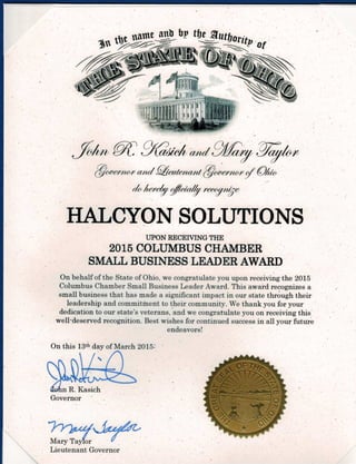 05 - Halcyon State of Ohio proclomation Ohio Small Bus Leader Award