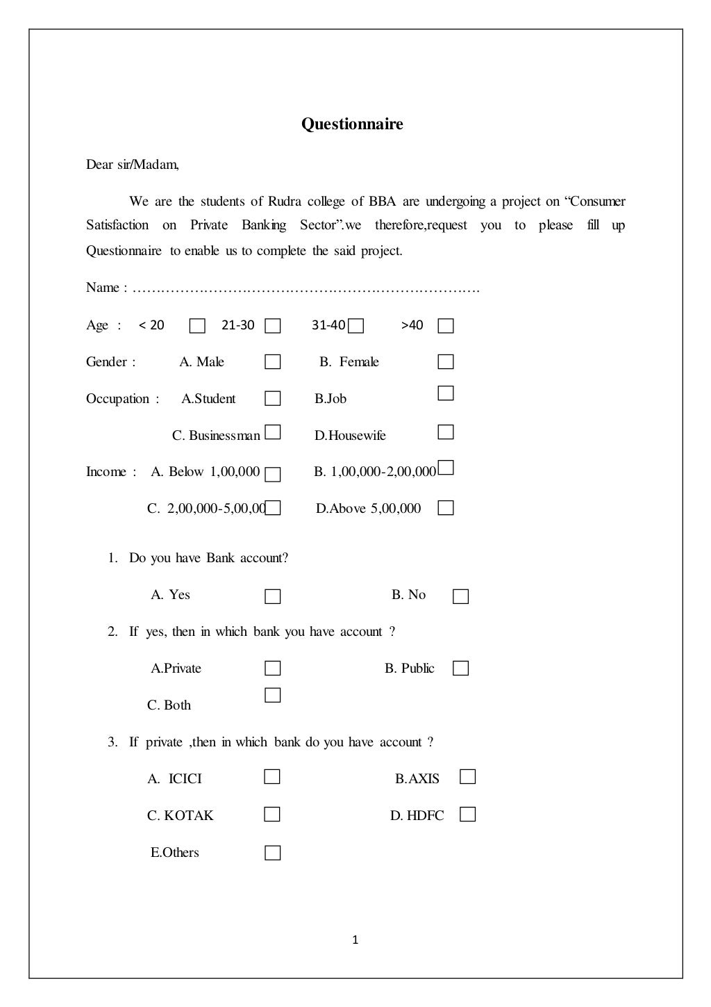 Questionnaire for the Private Banking Sector