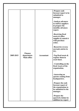 2005-2015
Finance
department-
Main office
Accountant
-Prepare cash
forecast report to be
submitted to
manager.
-Analyze advances
to staff & suppliers
& prepare the
monthly advances
report.
-Receiving fixed
assets & office
supplies & match it
with purchase
order.
-Record & reverse
accruals entries in
GL.
-Tag fixed assets &
register them in
excel sheet.
- Controlling on the
fixed Assets of the
organization.
-Answering on
queries coming from
headquarters.
-Prepare the cash
forecast report of
the organization to
be submitted to the
manager.
-Prepare the
quarterly deduct &
addition tax report
 