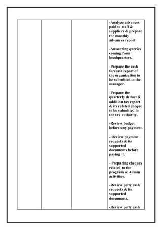 -Analyze advances
paid to staff &
suppliers & prepare
the monthly
advances report.
-Answering queries
coming from
headquarters.
-Prepare the cash
forecast report of
the organization to
be submitted to the
manager.
-Prepare the
quarterly deduct &
addition tax report
& its related cheque
to be submitted to
the tax authority.
-Review budget
before any payment.
- Review payment
requests & its
supported
documents before
paying it.
- Preparing cheques
related to the
program & Admin
activities.
-Review petty cash
requests & its
supported
documents.
-Review petty cash
 