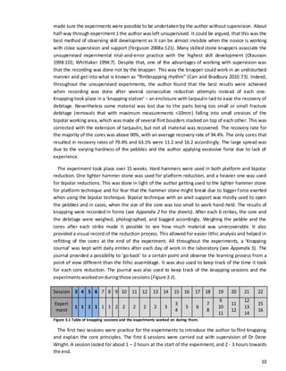 10
made sure the experiments were possible to be undertaken by the author without supervision. About
half-way through experiment 1 the author wasleft unsupervised. It could be argued, that this was the
best method of observing skill development as it can be almost invisible when the novice is working
with close supervision and support (Ferguson 2008a:121). Many skilled stone knappers associate the
unsupervised experimental trial-and-error practice with the highest skill development (Olausson
1998:101; Whittaker 1994:7). Despite that, one of the advantages of working with supervision was
that the recording was done not by the knapper. This way the knapper could work in an undisturbed
manner and get into what is known as “flintknapping rhythm” (Carr and Bradbury 2010:73). Indeed,
throughout the unsupervised experiments, the author found that the best results were achieved
when recording was done after several consecutive reduction attempts instead of each one.
Knapping took place in a ‘knapping station’ – an enclosure with tarpaulin laid to ease the recovery of
debitage. Nevertheless some material was lost due to the parts being too small or small fracture
debitage (removals that with maximum measurements <10mm) falling into small crevices of the
bipolar working area, which was made of several flint boulders stacked on top of each other. This was
corrected with the extension of tarpaulin, but not all material was recovered. The recovery rate for
the majority of the cores was above 90%, with an average recovery rate of 94.4%. The only cores that
resulted in recovery rates of 79.4% and 63.1% were 11.2 and 16.2 accordingly. The large spread was
due to the varying hardness of the pebbles and the author applying excessive force due to lack of
experience.
The experiment took place over 15 weeks. Hard hammers were used in both platform and bipolar
reduction. One lighter hammer stone was used for platform reduction, and a heavier one was used
for bipolar reductions. This was done in light of the author getting used to the lighter hammer stone
for platform technique and for fear that the hammer stone might break due to bigger force exerted
when using the bipolar technique. Bipolar technique with an anvil support was mostly used to open
the pebbles and in cases, when the size of the core was too small to work hand-held. The results of
knapping were recorded in forms (see Appendix 2 for the sheets). After each 6 strikes, the core and
the debitage were weighed, photographed, and bagged accordingly. Weighing the pebble and the
cores after each strike made it possible to see how much material was unrecoverable. It also
provided a visual record of the reduction process. This allowed for easier lithic analysis and helped in
refitting of the cores at the end of the experiment. All throughout the experiments, a ‘Knapping
Journal’ was kept with daily entries after each day of work in the laboratory (see Appendix 5). The
journal provided a possibility to ‘go back’ to a certain point and observe the learning process from a
point of view different than the lithic assemblage. It was also used to keep track of the time it took
for each core reduction. The journal was also used to keep track of the knapping sessions and the
experimentsworkedonduringthose sessions (Figure3.1).
Session 3 4 5 6 7 8 9 10 11 12 13 14 15 16 17 18 19 20 21 22
Experi
ment
1 1 1 1 1 1 2 2 2 2 2 3
3
4
5 6
7
8
9
10
11
11
12
12
13
14
15
16
Figure 3.1 Table of knapping sessions and the experiments worked on during them.
The first two sessions were practice for the experiments to introduce the author to flint knapping
and explain the core principles. The first 6 sessions were carried out with supervision of Dr Dene
Wright. A session lasted for about 1 – 2 hours at the start of the experiment, and 2 - 3 hours towards
the end.
 