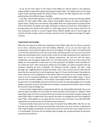 15
As we can see from Figure 4.3 the shape of the pebble has minimal impact on the regularity.
Angular pebbles produced the highest percentage of regular flakes. This might be due to the natural
angular shape providing possible flat flaking surfaces. Overall, the flake regularity does not differ
greatlybetweenthe differentshapesof pebbles.
If we take a look at flake regularity in relation to pebble size (Figure 4.4) we see that large pebbles
produce the most regular flakes, while medium sized pebbles produce the lowest percentage of
regular blanks. Having more raw material, large pebble allow more opportunities to produce blanks
with at least 10mm of straight acute edge, compared to medium and small ones. Small pebbles on
average produce less blanks (small avg=8 n=3, while large avg=24 n=6 and medium avg=19.3 n=7)
thus creating less chances to remove irregular blanks. Medium pebbles seem to have enough raw
material and high enough number of average removals to have the highest percentage of irregular
removals.
Fragmentationand breakage
While the raw material can affect the completeness of the flakes, high rates of it show an excessive
use of force, indicating novice skill level (Shelley 1990:191). As we can see from Figure 4.6,
completeness is very varied throughout the course of knapping. The high number of complete blanks
in the first few experiments can be due to the author still being careful not to put too much force.
Supervision during experiment 1 can be another reason for the high completeness rate. Experiment 3
stands out not only compared to the adjacent experiments, but also one with the lowest
completeness rate amongst all experiments. It is most likely that this was due to the nature of the
pebble, as in the experiment 3 notes there is an entry saying that “the pebble is either too brittle or I
am striking too hard”. After noticing the brittleness of the pebble, the author proceeded with the
reduction, adjusting the force accordingly. The following removals, however, still have a high
breakage rate, suggesting that the pebble was brittle. There is also a chance that the author did not
adjust the force precisely due to lack of experience. Figure 4.7 shows that the shape of the pebble has
some influence on the completeness of the blanks. While the sample size for rounded pebbles is
small (n=1), the increasing completeness is still evident throughout other pebble shapes. It seems
that the more rounded a pebble is, the less likely it will produce broken or shattered blanks. This is
possibly due to rounded pebbles being more likely to roll,while the protruding angles of less rounded
pebbles cause them to bump and tumble due to abrasion, causing internal fractures, which could be
the reasonfor higherbreakage rates.
In terms of sizes, fragmentation is proportionate with the size of the pebble (Figure4.8). We can see
that the larger the pebble, the more likely the blanks removed will be broken or shattered. While
larger flakes need more force to remove them due to tensile and compressive strengths (Serway and
Jewett 2010: 358) it is evident that it was easy for the author to misjudge the extra force needed for
larger flakes. Small pebbles are also generate less inertia as they have lower mass (ibid 2010:108),
makingthemlesslikelytohave internal fracturesdue to abrasion.
Pronounced bulbs of percussion are also a sign of excessive force (Milne 2005: 334). We can see
from the chart (Figure 4.9), that pronounced bulbs of percussion are most common in experiments
with a high breakage rate (deviation at experiments 9 and 10, could be due to low sample size (n=3;
n=7 accordingly)). This proves the link between high breakage rate, pronounced bulbs of percussion
and excessive use of force.
 