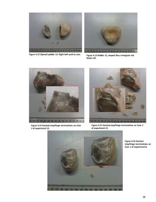 18
Figure 4.12 Opened pebble 13. Right half used as core. Figure 4.13 Pebble 12, shaped like a triangular red
blood cell.
Figure 4.14 Stacked step/hinge terminations on Core
1 of experiment 13.
Figure 4.15 Stacked step/hinge terminations on Core 1
of experiment 15.
Figure 4.16 Stacked
step/hinge terminations on
Core 1 of experiment 8.
 
