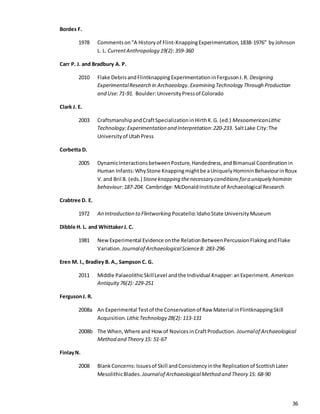 36
Bordes F.
1978 Commentson“A Historyof Flint-KnappingExperimentation,1838-1976” byJohnson
L. L. CurrentAnthropology 19(2): 359-360
Carr P. J. and Bradbury A. P.
2010 Flake DebrisandFlintknappingExperimentationinFergusonJ.R. Designing
ExperimentalResearch in Archaeology.Examining Technology Through Production
and Use:71-91. Boulder:UniversityPressof Colorado
Clark J. E.
2003 CraftsmanshipandCraftSpecializationinHirthK.G. (ed.) MesoamericanLithic
Technology:Experimentation and Interpretation:220-233. SaltLake City:The
Universityof UtahPress
Corbetta D.
2005 DynamicInteractionsbetweenPosture,Handedness,andBimanual Coordinationin
Human Infants:WhyStone Knappingmightbe aUniquelyHomininBehaviourinRoux
V.and Bril B. (eds.) Stoneknapping thenecessary conditionsfora uniquely hominin
behaviour:187-204. Cambridge:McDonaldInstitute of Archaeological Research
Crabtree D. E.
1972 An Introduction to Flintworking Pocatello:IdahoState UniversityMuseum
Dibble H. L. and WhittakerJ. C.
1981 NewExperimental Evidence onthe RelationBetweenPercussionFlakingandFlake
Variation. Journalof ArchaeologicalScience8: 283-296
Eren M. I., Bradley B. A., Sampson C. G.
2011 Middle PalaeolithicSkillLevel andthe Individual Knapper:anExperiment. American
Antiquity76(2): 229-251
FergusonJ. R.
2008a An Experimental Testof the Conservationof Raw Material inFlintknappingSkill
Acquisition. LithicTechnology 28(2): 113-131
2008b The When,Where and How of NovicesinCraftProduction. Journalof Archaeological
Method and Theory 15: 51-67
FinlayN.
2008 BlankConcerns:Issuesof Skill andConsistencyinthe Replicationof ScottishLater
MesolithicBlades. Journalof ArchaeologicalMethod and Theory 15: 68-90
 