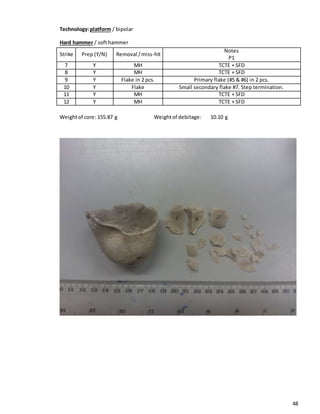 48
Technology:platform / bipolar
Hard hammer / softhammer
Strike Prep (Y/N) Removal /miss-hit
Notes
P1
7 Y MH TCTE + SFD
8 Y MH TCTE + SFD
9 Y Flake in 2 pcs. Primary flake (#5 & #6) in 2 pcs.
10 Y Flake Small secondary flake #7. Step termination.
11 Y MH TCTE + SFD
12 Y MH TCTE + SFD
Weightof core: 155.87 g Weightof debitage: 10.10 g
 