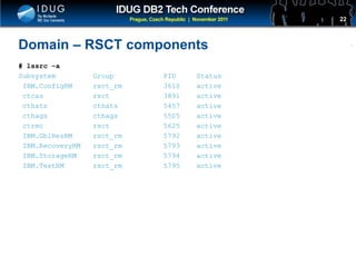 Click to edit Master title style
Domain – RSCT components
# lssrc -a
Subsystem Group PID Status
IBM.ConfigRM rsct_rm 3610 active
ctcas rsct 3891 active
cthats cthats 5457 active
cthags cthags 5505 active
ctrmc rsct 5625 active
IBM.GblResRM rsct_rm 5792 active
IBM.RecoveryRM rsct_rm 5793 active
IBM.StorageRM rsct_rm 5794 active
IBM.TestRM rsct_rm 5795 active
22
 
