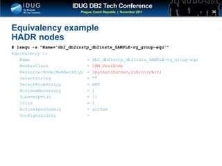 Click to edit Master title style
Equivalency example
HADR nodes
# lsequ -s "Name='db2_db2instp_db2insts_SAMPLE-rg_group-equ'"
Equivalency 1:
Name = db2_db2instp_db2insts_SAMPLE-rg_group-equ
MemberClass = IBM.PeerNode
Resource:Node[Membership] = {batman:batman,robin:robin}
SelectString = ""
SelectFromPolicy = ANY
MinimumNecessary = 1
Subscription = {}
Color = 0
ActivePeerDomain = gotham
ConfigValidity =
36
 