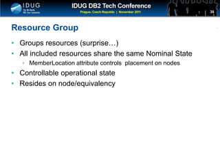 Click to edit Master title style
Resource Group
• Groups resources (surprise…)
• All included resources share the same Nominal State
• MemberLocation attribute controls placement on nodes
• Controllable operational state
• Resides on node/equivalency
38
 