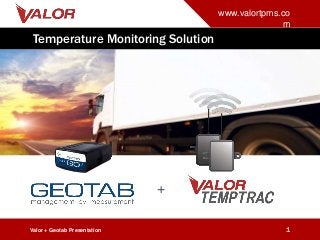 www.valortpms.co
m
Temperature Monitoring Solution
+
Valor + Geotab Presentation 1
 