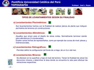 - 37 -
Pontificia Universidad Católica del Perú
TOPOGRAFÍA Profesor: José L. Reyes
TIPOS DE LEVANTAMIENTOS SEGÚN SU FINALIDAD
b) Levantamientos Altimétricos:
Aquellos que sirven para el diseño de obras civiles. Normalmente terminan siendo
plani-altimétricos (3 coordenadas).
Existen varias formas de representarlos, como por ejemplo las curvas de nivel: planas y
tridimensionales.
a) Levantamientos Planimétricos:
Son levantamientos hechos con la finalidad de realizar planos de planta que indiquen
perímetros de terrenos y/o construcciones.
c) Levantamientos Hidrográficos:
Permiten definir la configuración del fondo de un lago, de un río o del mar.
d) Levantamientos Mineros:
Se efectúan en la superficie y bajo el nivel del terreno. Tienen la finalidad de ubicar los
denuncios mineros y determinar el área donde se encuentra la veta para efectuar las
ubicaciones respectivas.
 