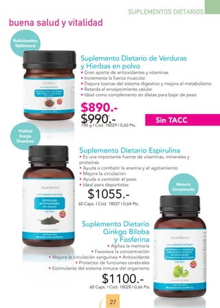 Multivitamínico
Multimineral
Vitalidad
Energía
Dinamismo
Memoria
Concentración
27
SUPLEMENTOS DIETARIOS
Suplemento Dietario Espirulina
• Es una importante fuente de vitaminas, minerales y
proteínas
• Ayuda a combatir la anemia y el agotamiento
• Mejora la circulación
• Ayuda a controlar el peso
• Ideal para deportistas
60 Caps. I Cód. 18027 I 0,64 Pts.
$1055.-
Suplemento Dietario
Ginkgo Biloba
y Fosferina
• Agiliza la memoria
• Favorece la concentración
• Mejora la circulación sanguínea • Antioxidante
• Protector de funciones cerebrales
• Estimulante del sistema inmune del organismo
60 Caps. I Cód. 18028 I 0,66 Pts.
$1100.-
Suplemento Dietario de Verduras
y Hierbas en polvo
• Gran aporte de antioxidantes y vitaminas
• Incrementa la fuerza muscular.
• Depura toxinas del sistema digestivo y mejora el metabolismo
• Retarda el envejecimiento celular
• Ideal como complemento en dietas para bajar de peso
100 g I Cód. 18029 I 0,60 Pts.
$890.-
$990.-
buena salud y vitalidad
Sin TACC
 