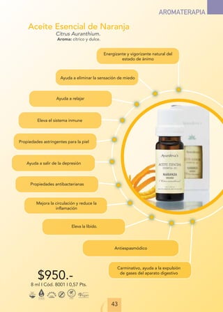 11
AROMATERAPIA
Aceite Esencial de Naranja
Citrus Auranthium.
Aroma: cítrico y dulce.
$950.-
8 ml I Cód. 8001 I 0,57 Pts.
43
Energizante y vigorizante natural del
estado de ánimo
Ayuda a eliminar la sensación de miedo
Ayuda a relajar
Eleva el sistema inmune
Propiedades astringentes para la piel
Ayuda a salir de la depresión
Propiedades antibacterianas
Mejora la circulación y reduce la
inflamación
Eleva la líbido.
Antiespasmódico
Carminativo, ayuda a la expulsión
de gases del aparato digestivo
 