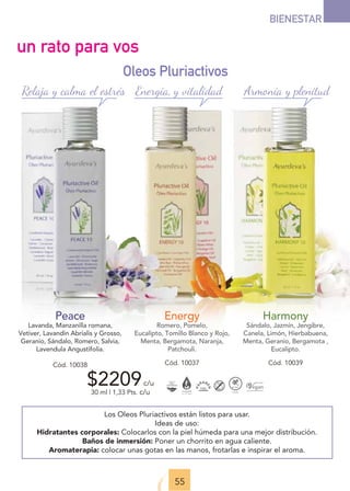 BIENESTAR
55
Oleos Pluriactivos
Harmony
Sándalo, Jazmín, Jengibre,
Canela, Limón, Hierbabuena,
Menta, Geranio, Bergamota ,
Eucalipto.
Cód. 10039
Peace
Lavanda, Manzanilla romana,
Vetiver, Lavandin Abrialis y Grosso,
Geranio, Sándalo, Romero, Salvia,
Lavendula Angustifolia.
Cód. 10038
$2209c/u
30 ml | 1,33 Pts. c/u
Energy
Romero, Pomelo,
Eucalipto, Tomillo Blanco y Rojo,
Menta, Bergamota, Naranja,
Patchouli.
Cód. 10037
Armonía y plenitud
Relaja y calma el estrés Energía, y vitalidad
un rato para vos
Los Oleos Pluriactivos están listos para usar.
Ideas de uso:
Hidratantes corporales: Colocarlos con la piel húmeda para una mejor distribución.
Baños de inmersión: Poner un chorrito en agua caliente.
Aromaterapia: colocar unas gotas en las manos, frotarlas e inspirar el aroma.
 